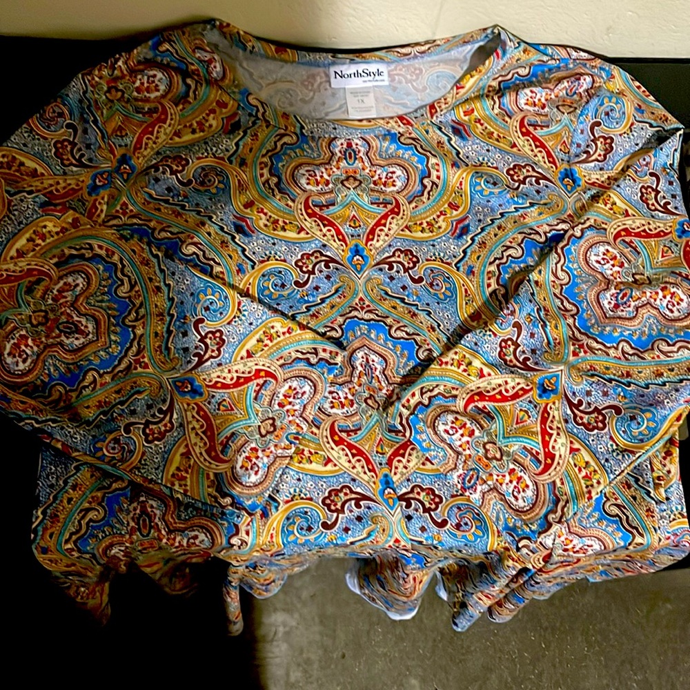 North Style Women's Multicolor Paisley Print Top Tank Plus Size 1X 3/4 Sleeve